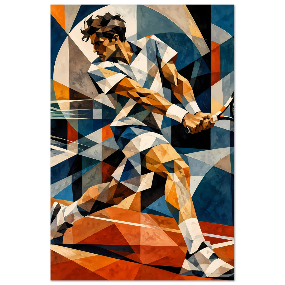 Kunstposter mit abstraktem Tennisspieler, geometrische Kacheln in Blau und Orange