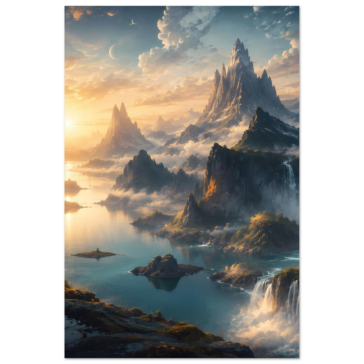 Vertikales Poster mit Berglandschaft, Wasserfällen und Fluss im goldenen Morgenlicht