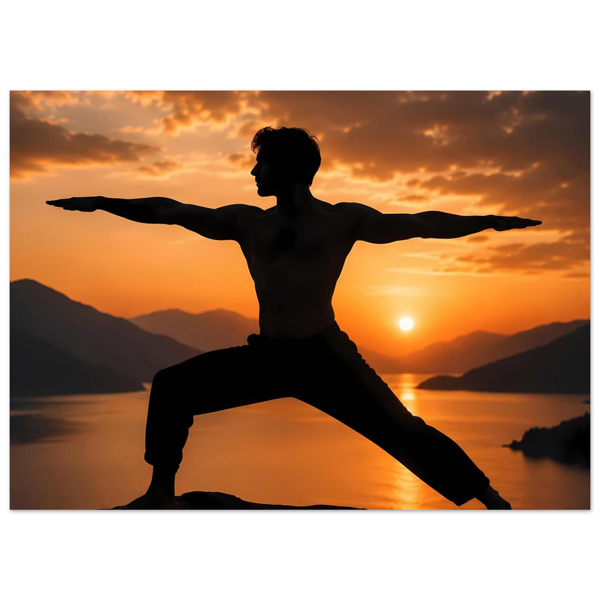 Yoga-Poster: Silhouette in Kriegerpose auf Fels vor Sonnenuntergang, Querformat