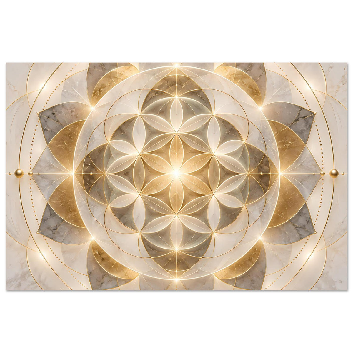 Goldenes Mandala-Ornament-Poster mit gold-grauem Kreisdesign und leuchtenden Ornamenten