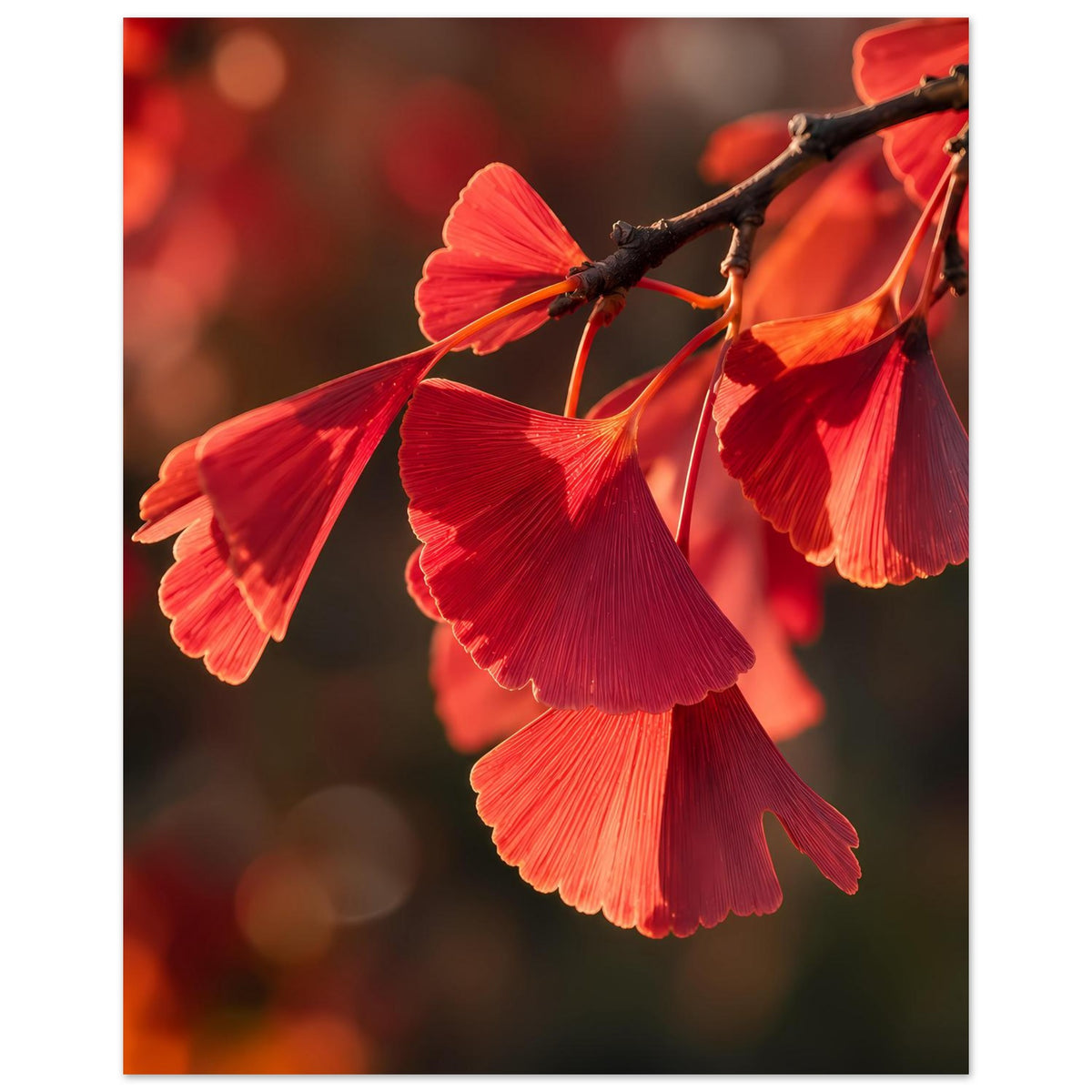 Matte Poster (vertikal) mit roten Ginkgo-Blättern am Ast, einzelne Blattformen sichtbar