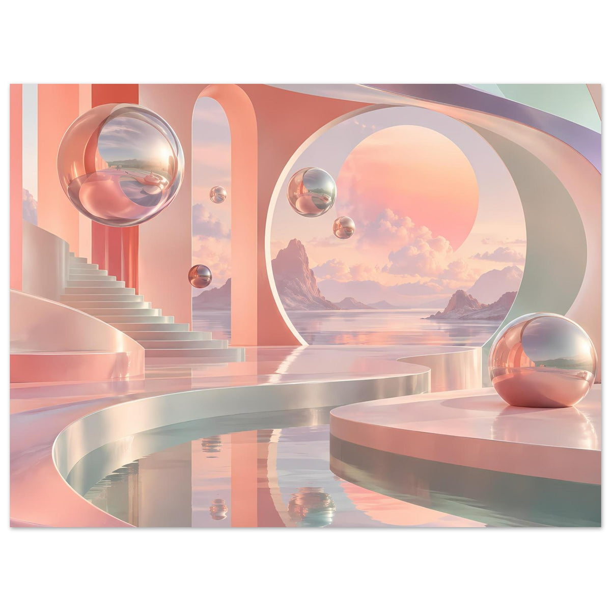 Surrealistisches Pastell-Landschafts-Poster mit Spiegelkugeln, Terrassen und Landschaftsfenster