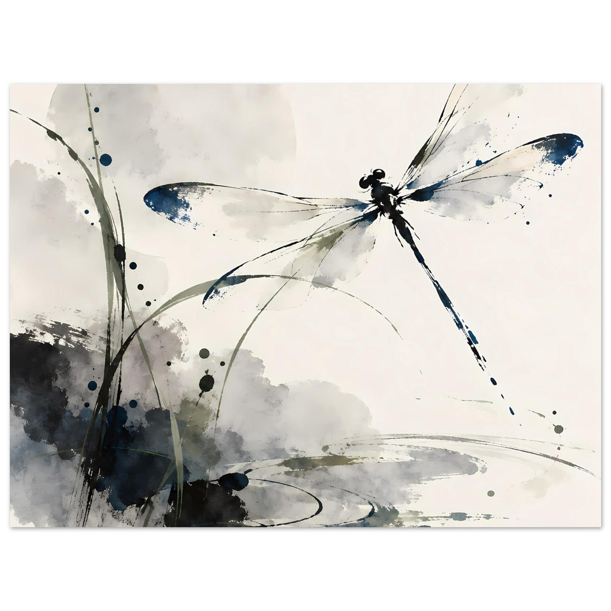 Aquarell-Poster: Libelle mit blauem Körper und Flügeln, graue Akzente, abstrakte Spritzer und Linien