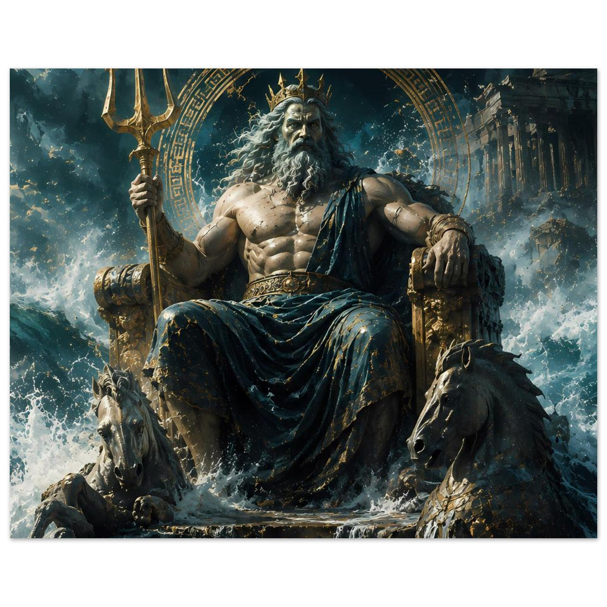 Poster: Poseidon-Meeresgott mit Dreizack, kreisförmiges Symbol hinter dem Thron
