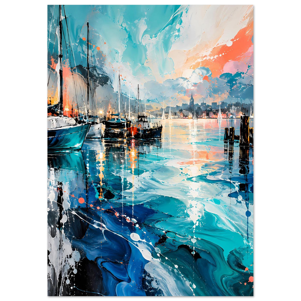 Hochformat-Poster mit abstraktem Hafenbild, Boote und Uferlichter, Farbverläufe