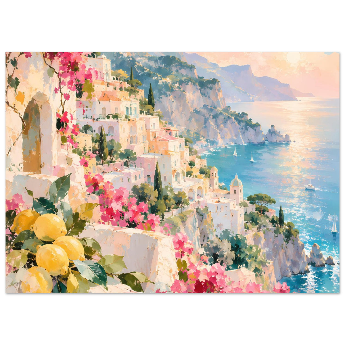 Horizontales Poster mit mediterraner Küste: weiße Häuser, pinke Blumen und blaues Wasser
