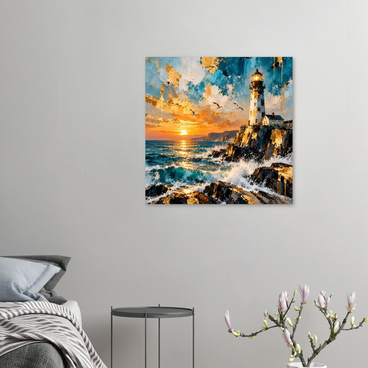 Kleines Poster mit Leuchtturm am Meer, orange Sonnenuntergang, türkisfarbene Wellen, abstrakt