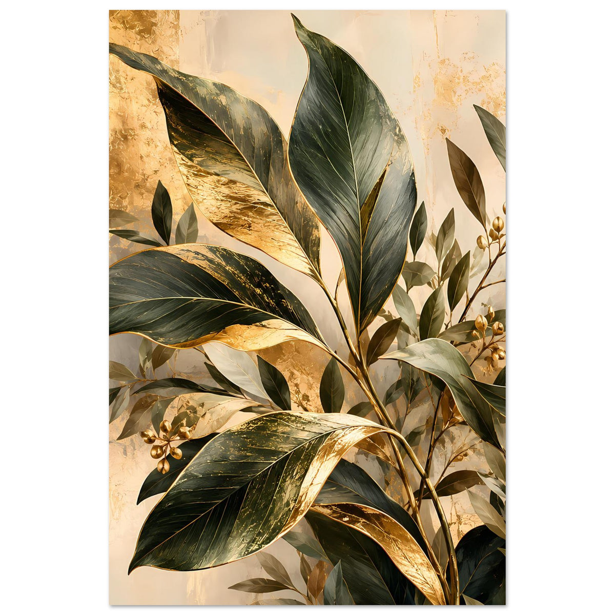 Hochformatiges botanisches Poster mit grünen Blättern und goldenen Akzenten, Blütenzweige.