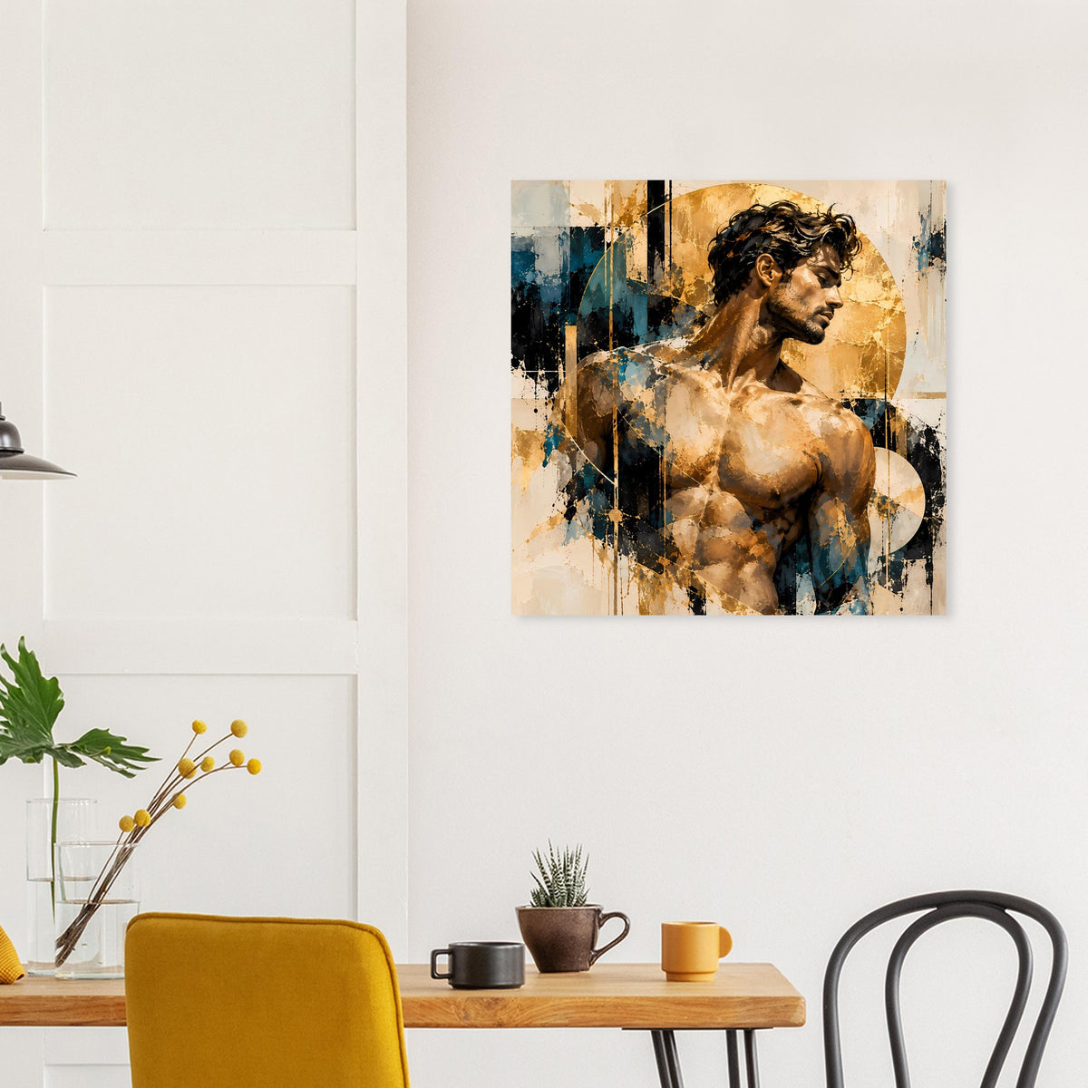 Kunstposter mit Aktmotiv: nackte Figur mit abstrakten Gold- und Blauflächen