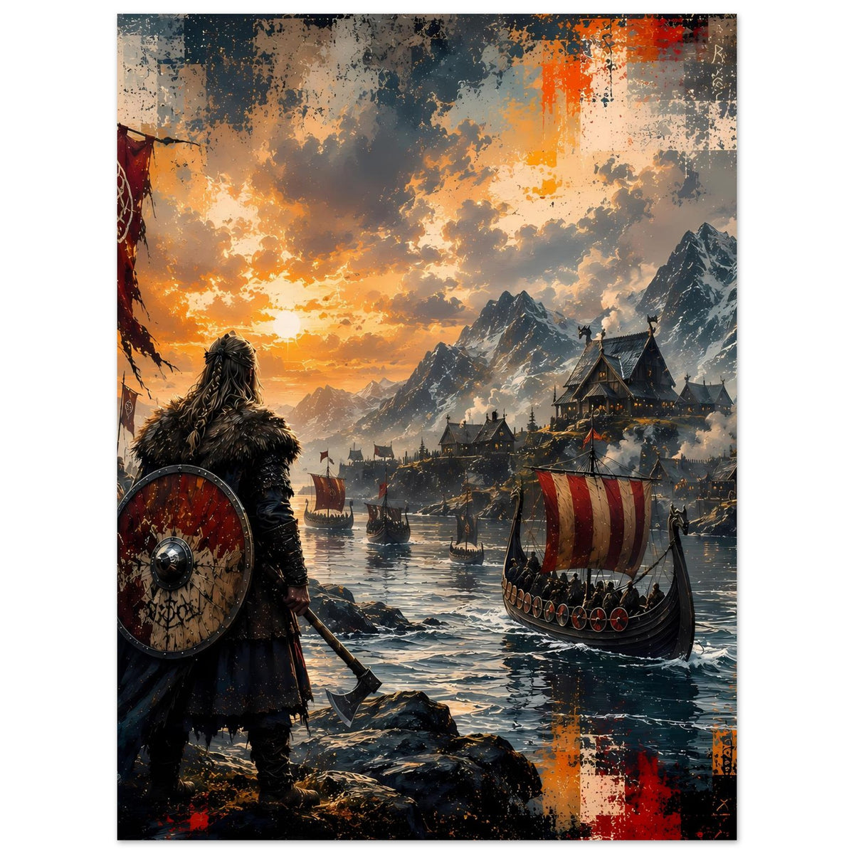 Wikinger-Saga-Poster mit Krieger am Ufer, rundem rotem Schild und Langschiff in der Ferne