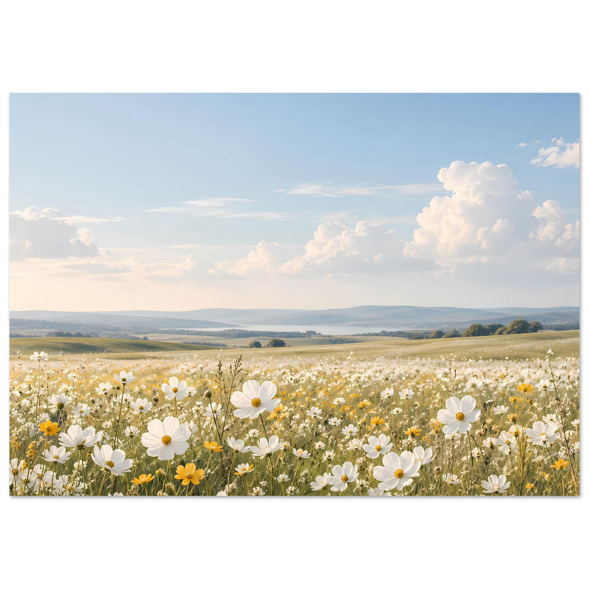 Wandposter mit Blumenwiese: weiße Margeriten, gelbe Akzente und wolkiger Himmel
