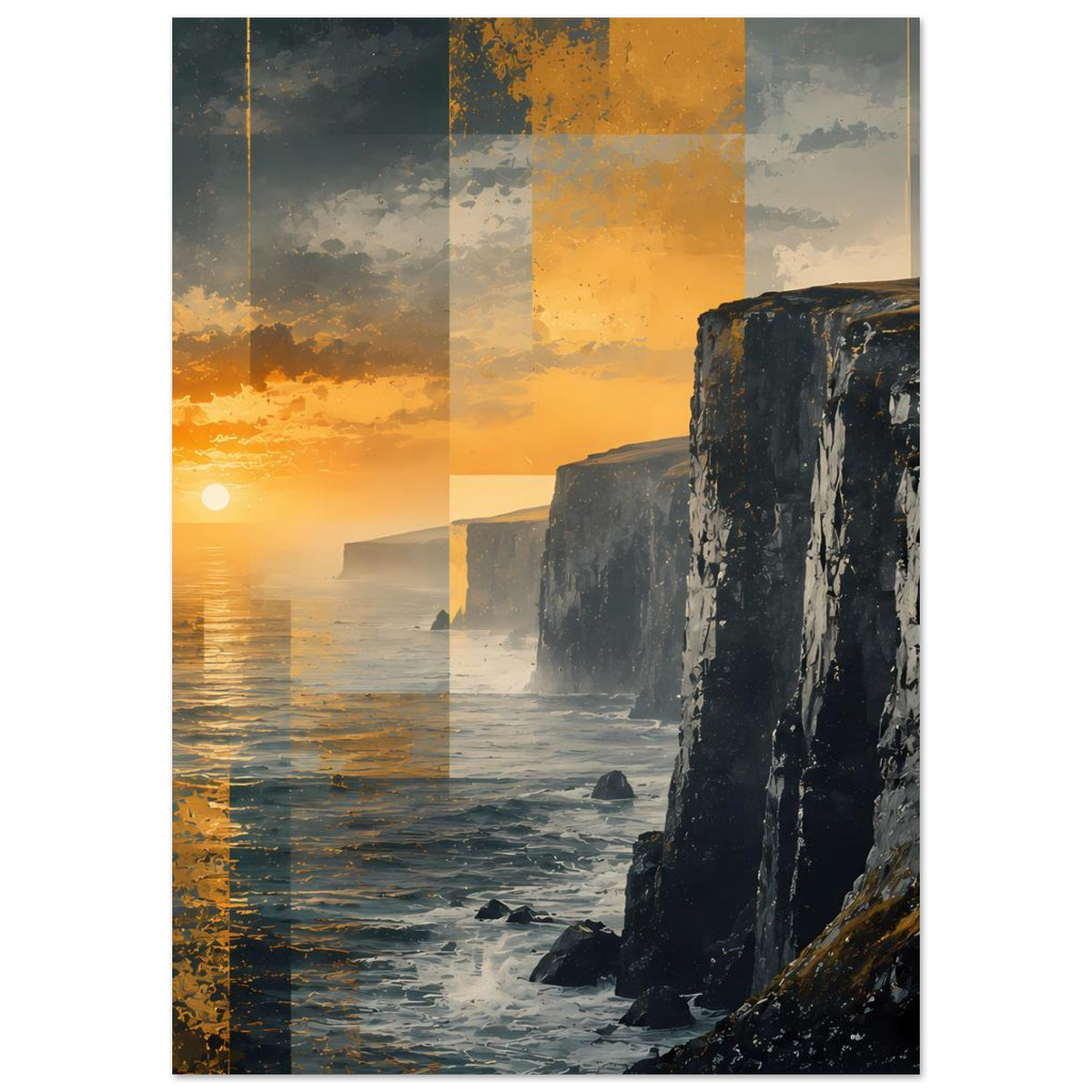 Poster mit Sonnenuntergang über dem Meer und Küstenklippen, hochkant gerahmt