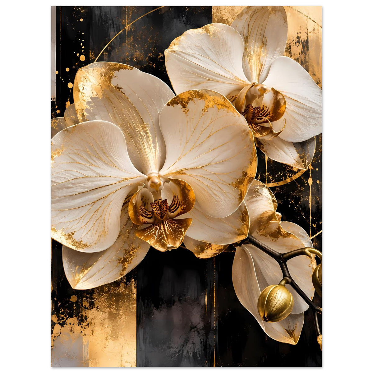 Vertikales Poster mit weißen Orchideenblüten, goldfarbenen Details und feinen goldenen Sprenkeln