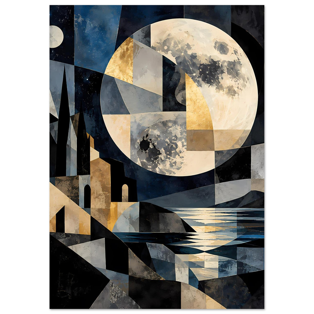 Vertikales Poster mit geometrischer Mondlandschaft: großer Mond über Häusern und See, blau-grau
