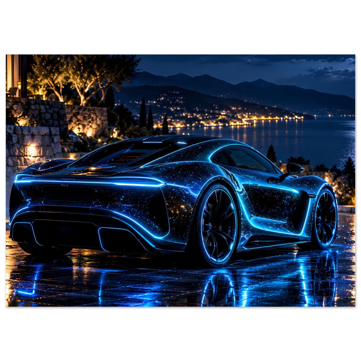 Neon-blaues Sportwagen-Poster bei Nacht mit Konturglow und Reflexion