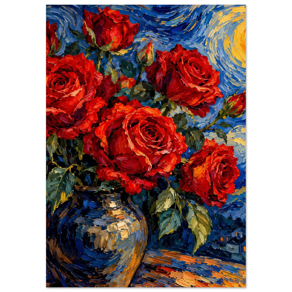 Poster mit rotem Rosenbouquet in Vase, in blau-gelber Sternen- und Nachtlandschaft