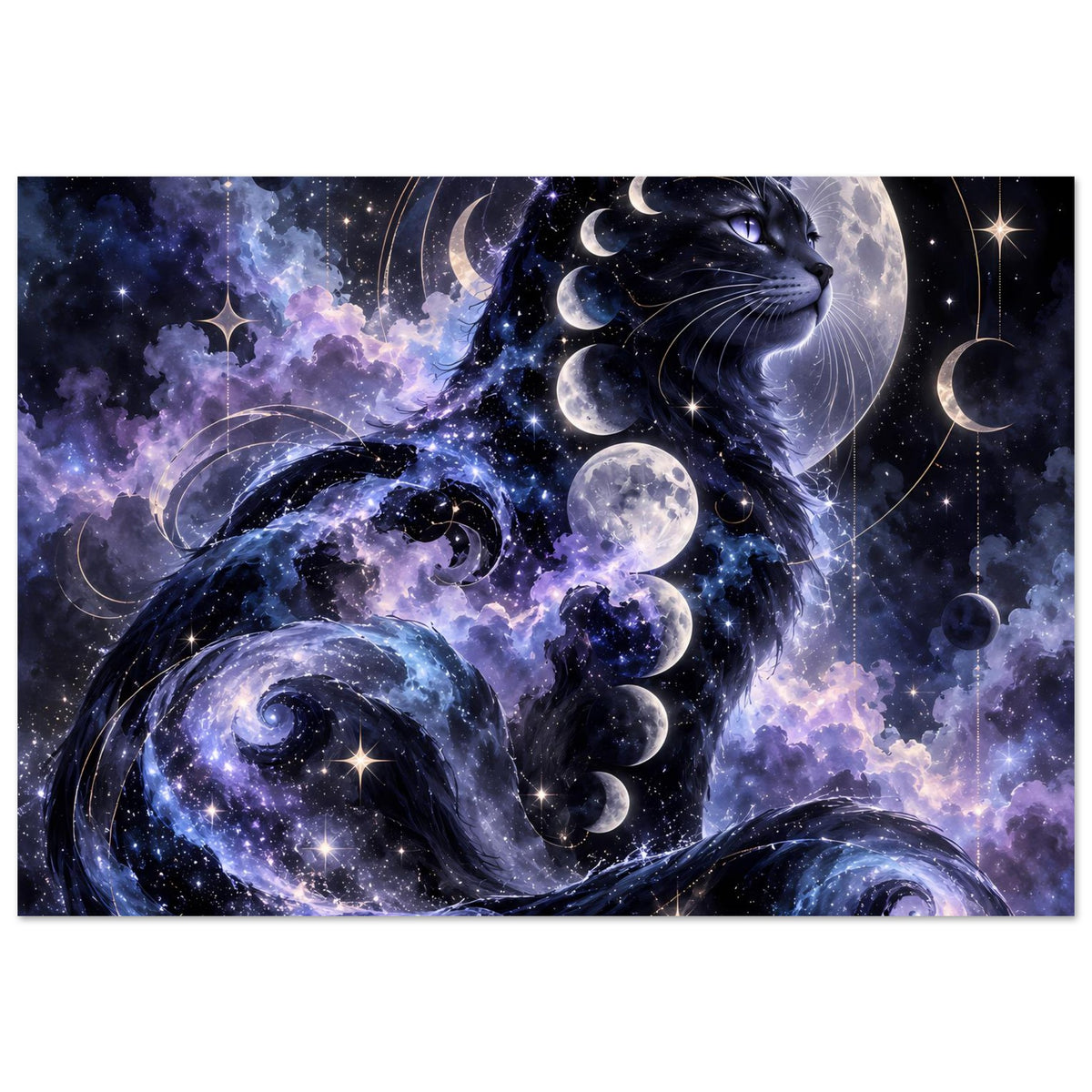Poster mit Galaxien-Katze und mehreren Mondsicheln, Sternen und nebelartigen Wolken.