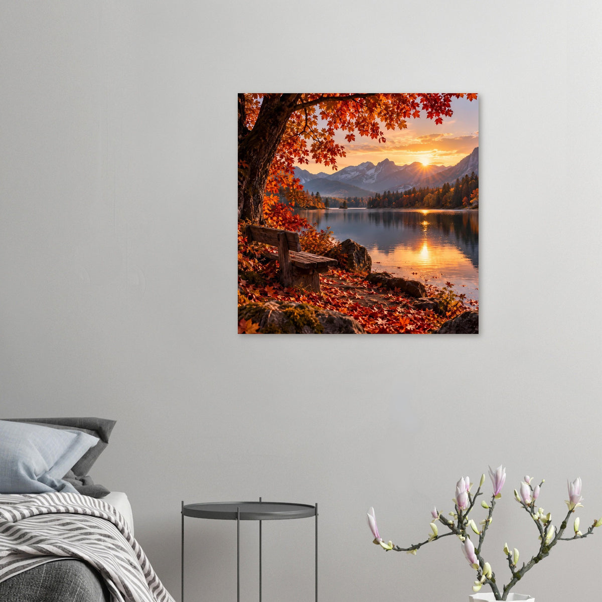 Kleines Herbstlandschaft-Poster: See, Berge, rote Blätter und goldener Sonnenuntergang