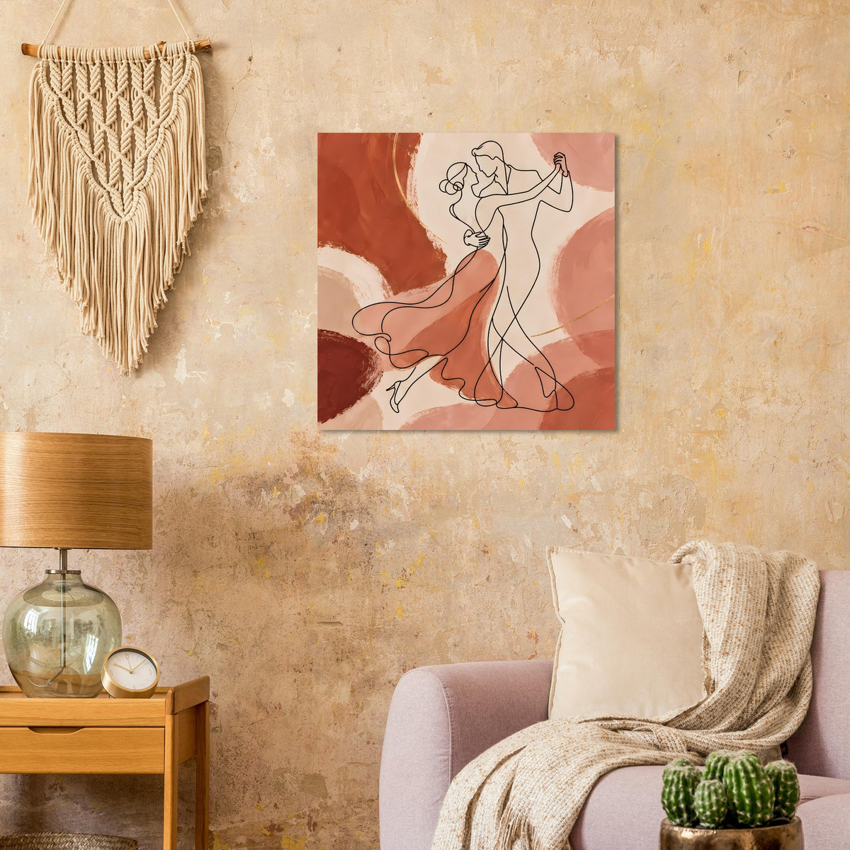 Quadratisches Kunstposter: tanzendes Paar in Linienzeichnung und warmen Erdtönen