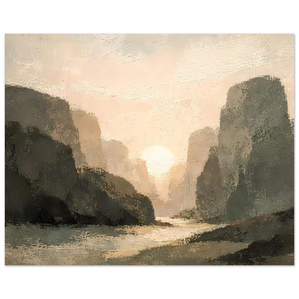 Poster Sonnenuntergangs-Landschaft im Querformat: goldene Sonne, sandiger Weg, dunkle Felsen