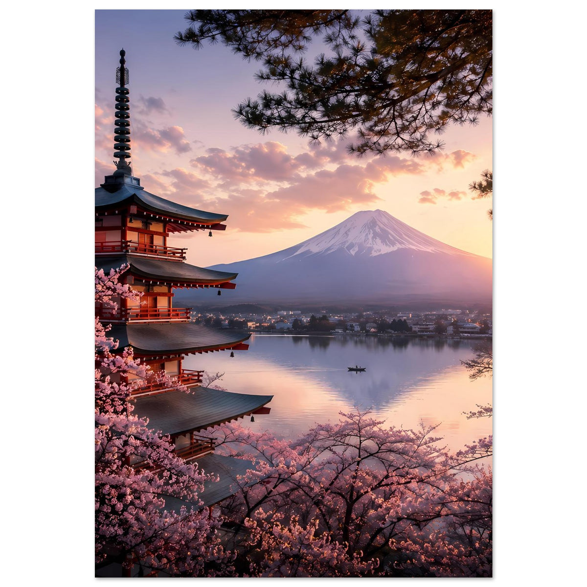 Japanisches Pagoden- und Fuji-Bergposter mit Kirschblütenvordergrund und Abendhimmel