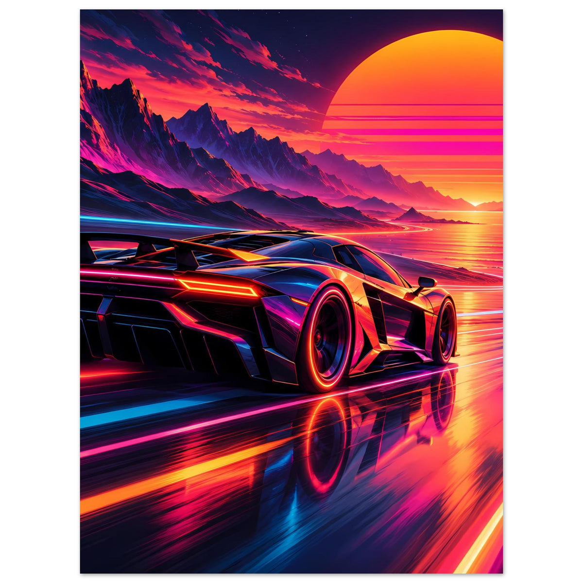 Poster mit futuristischem Sportwagen und Neon-Speed-Lichtspuren im Sonnenuntergangs-Design