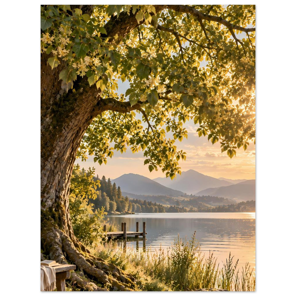 Naturposter mit Baum im Vordergrund, gelbem Laub über ruhigem See und Steg