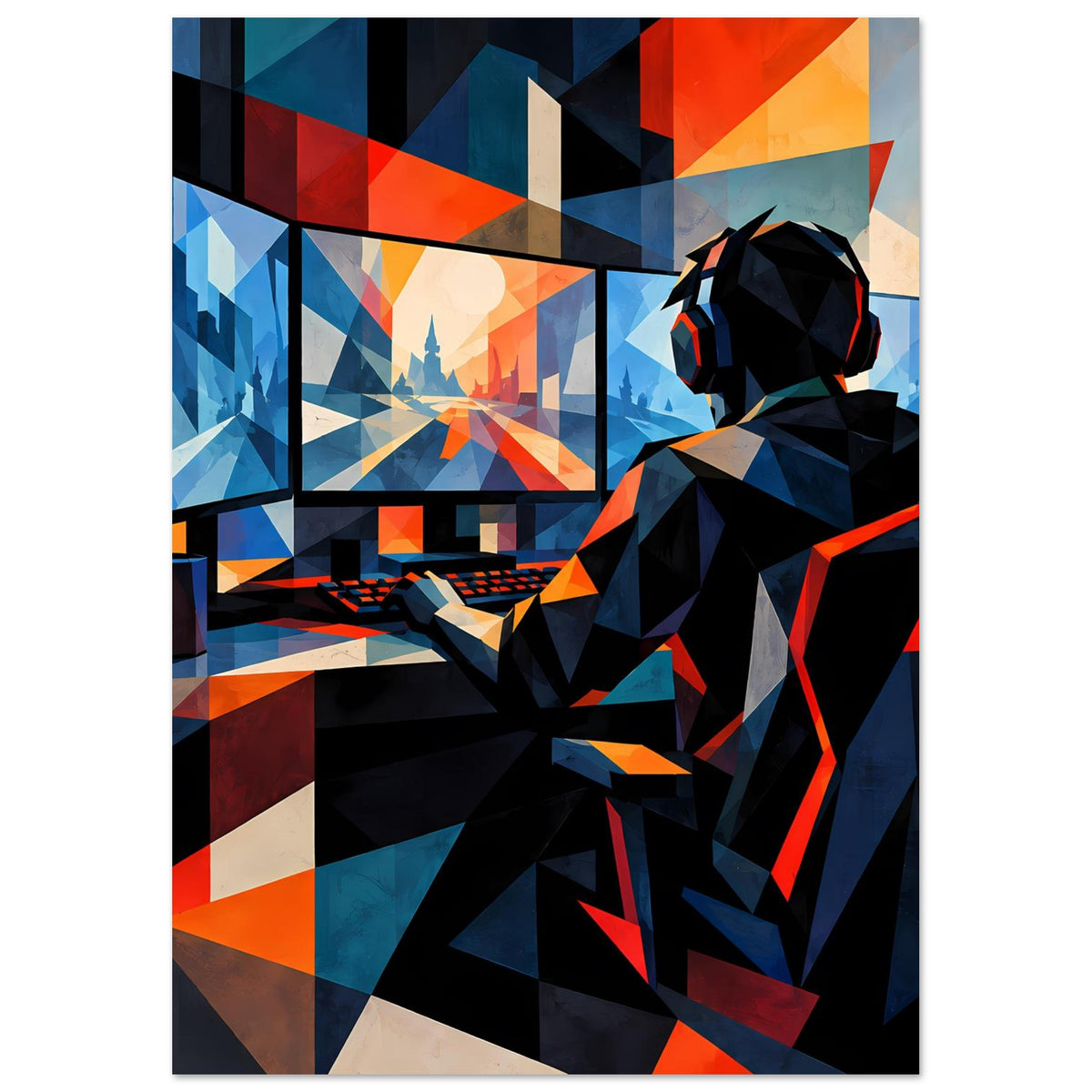 Gaming-Poster im Hochformat mit abstrakter Gamer-Figur im Headset, farbige Vierecke in Blau und Orange