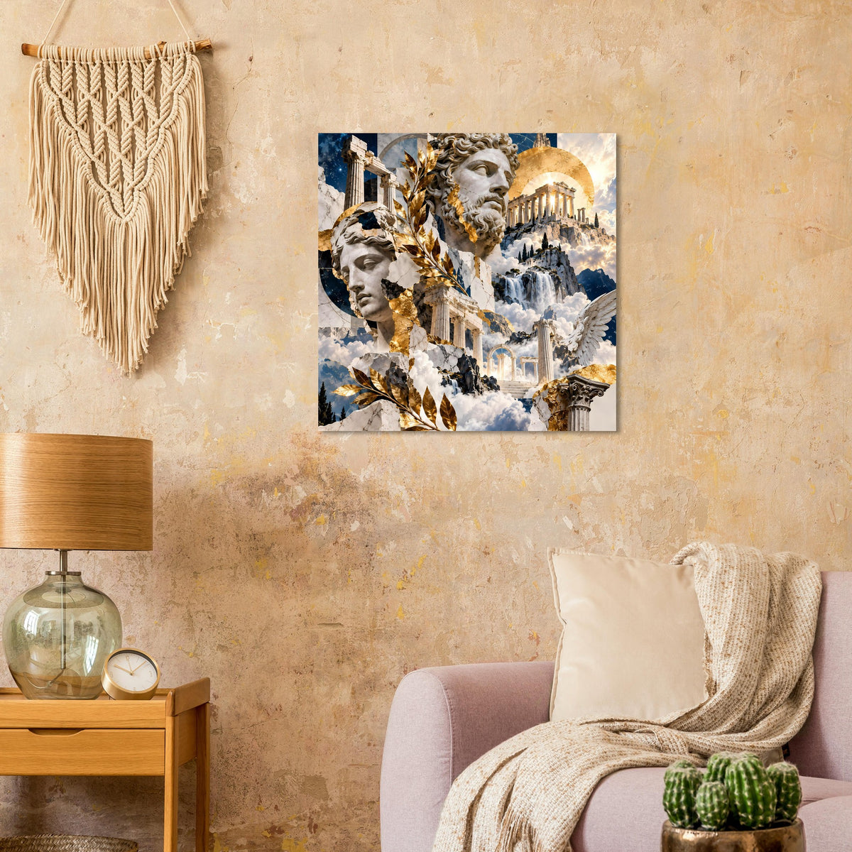 Wandposter mit griechischer Mythologie: antike Büsten, goldene Akzente, Wolkenlandschaft