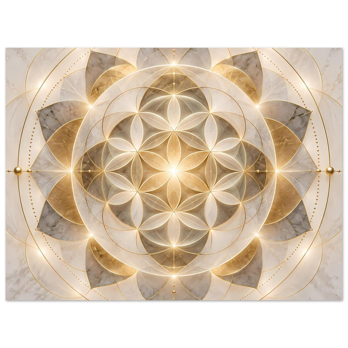 Quadratisches Poster mit goldener Mandala-Blume, strahlenden Kreisen und goldenen Linienornamenten