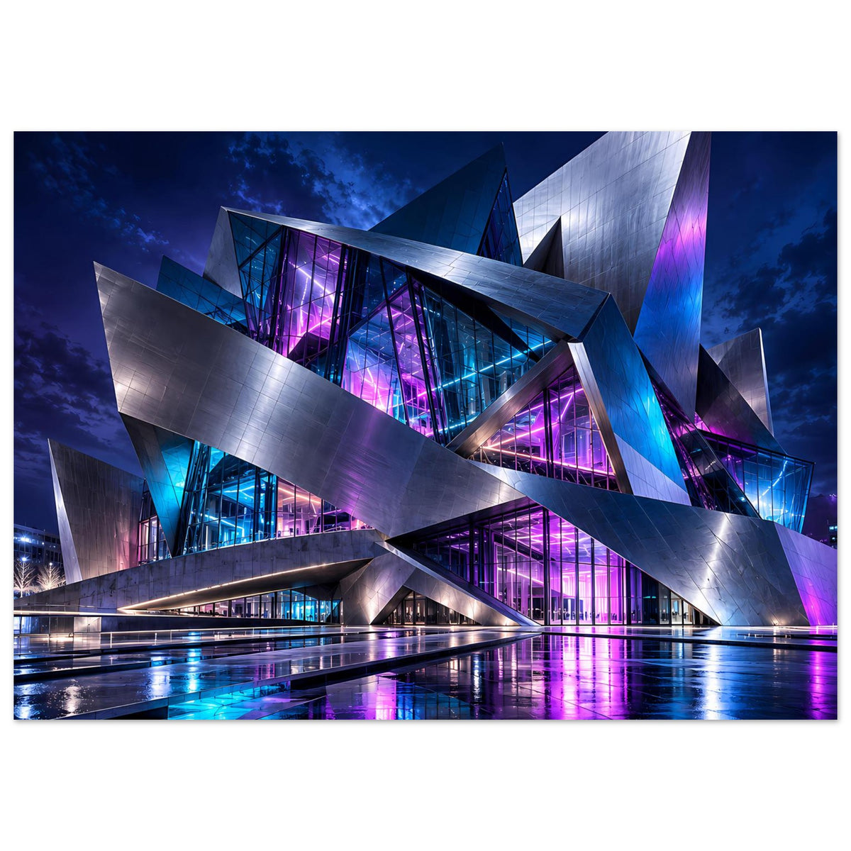Futuristisches Architekturposter im Querformat: schlanke Gebäudestrukturen mit magenta und blauen Lichtern