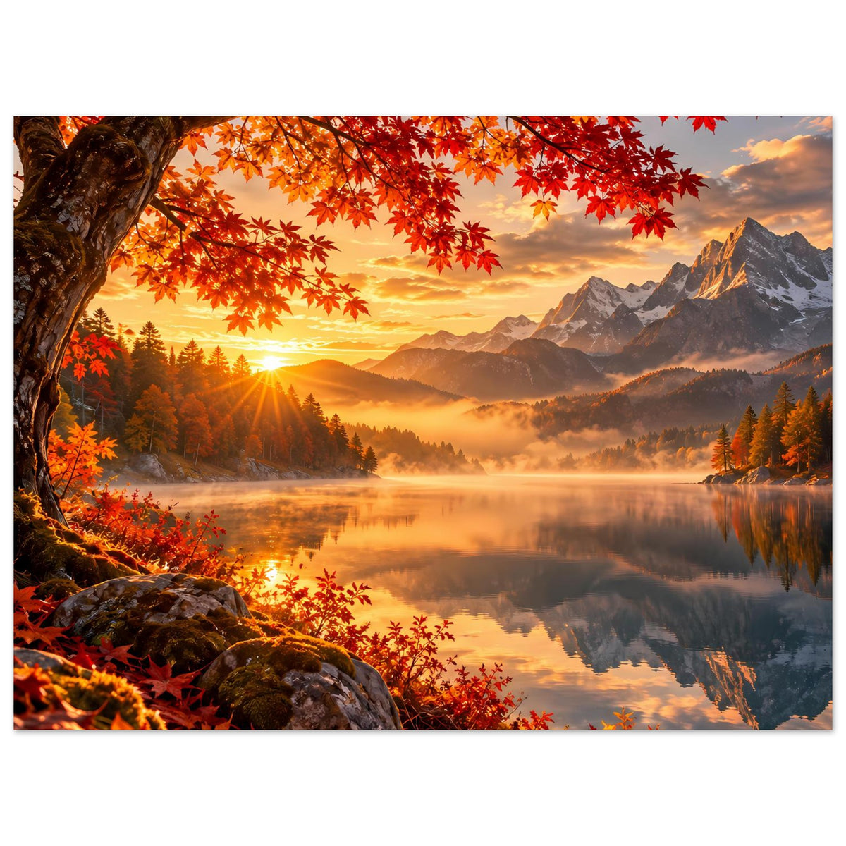Poster Herbst-Sonnenaufgang mit orange-roten Blättern, Bergkette und See-Reflexion.
