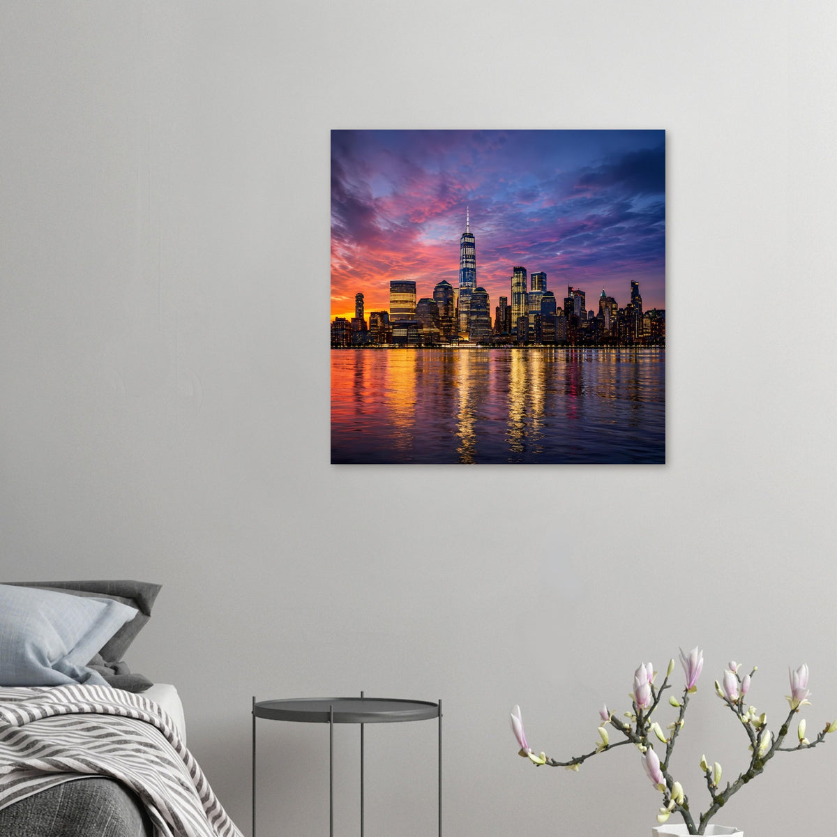 Kleines Poster mit New-York-Skyline bei Dämmerung, Türme und Spiegelungen im Wasser