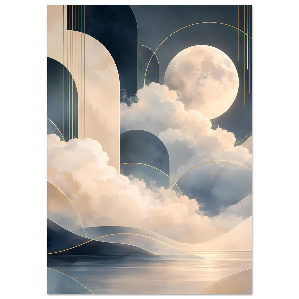 Abstraktes Poster mit Vollmond, Wolkenlandschaft und goldenen Bögen in Blau-Beige