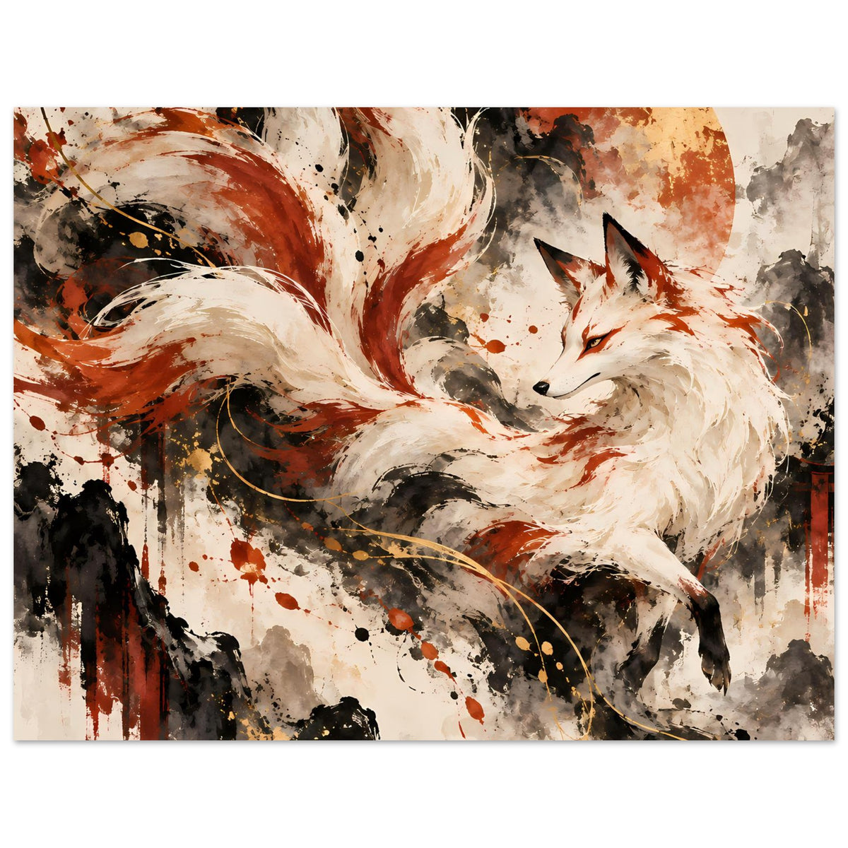 Fantasy-Poster: Fuchs mit neun Schweifen, creme- und orange-braune Töne, schwarze Details