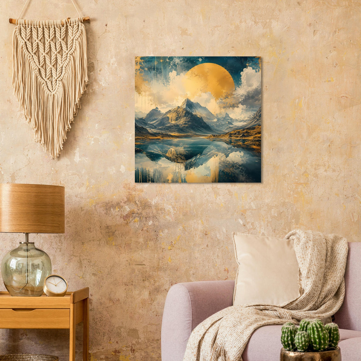 Wandposter Bergpanorama mit Spiegelung im Wasser, Blau-Gold Farbverlauf und Sonne/Mond