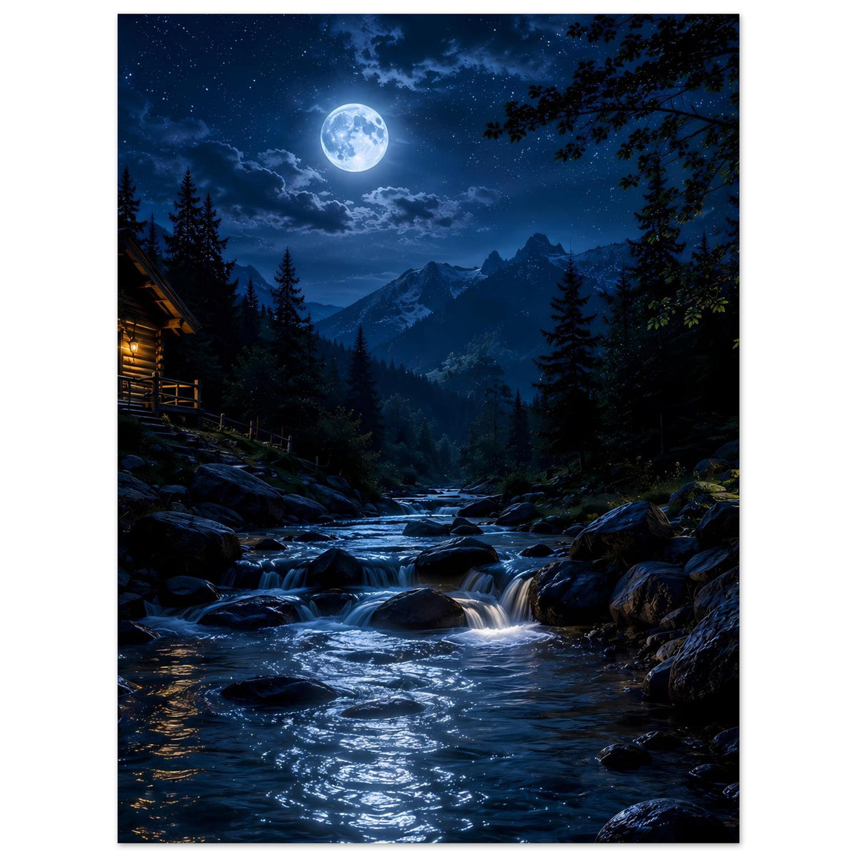 Vertikales Poster: Mond über Berglandschaft, Gebirgsbach und Hütte