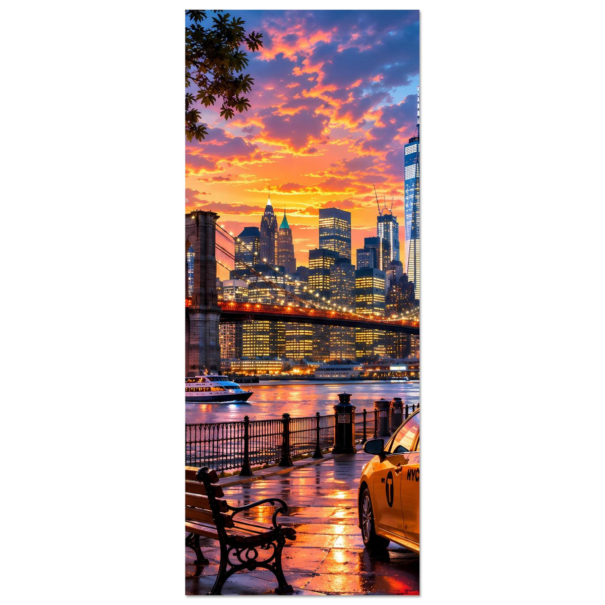 Vertikales Poster mit New-York-Skyline bei Sonnenuntergang, Brücke und Taxivorderteil