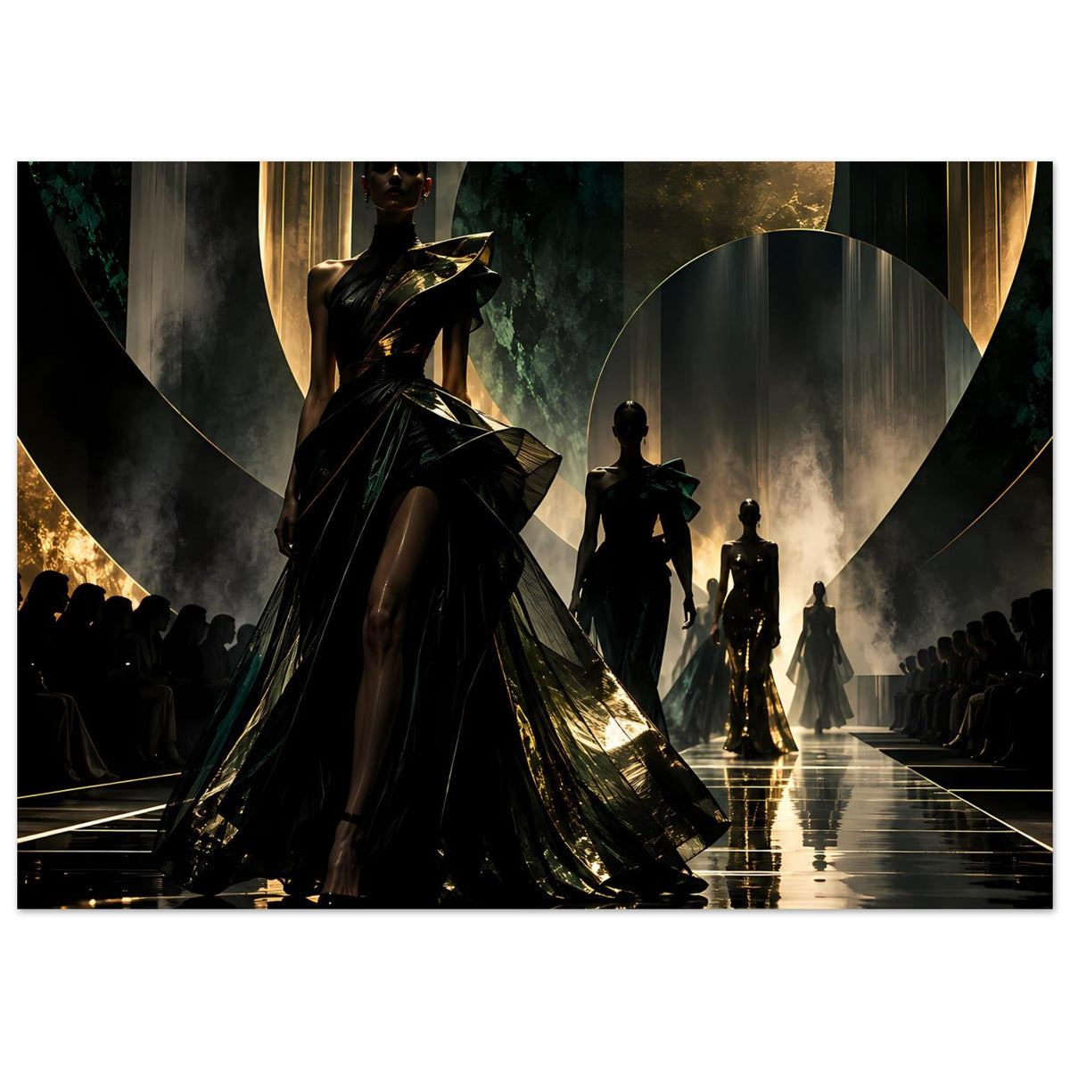 Poster im Querformat: dominanter Look in Schwarz mit goldenen Akzenten, weitere Models im Gang