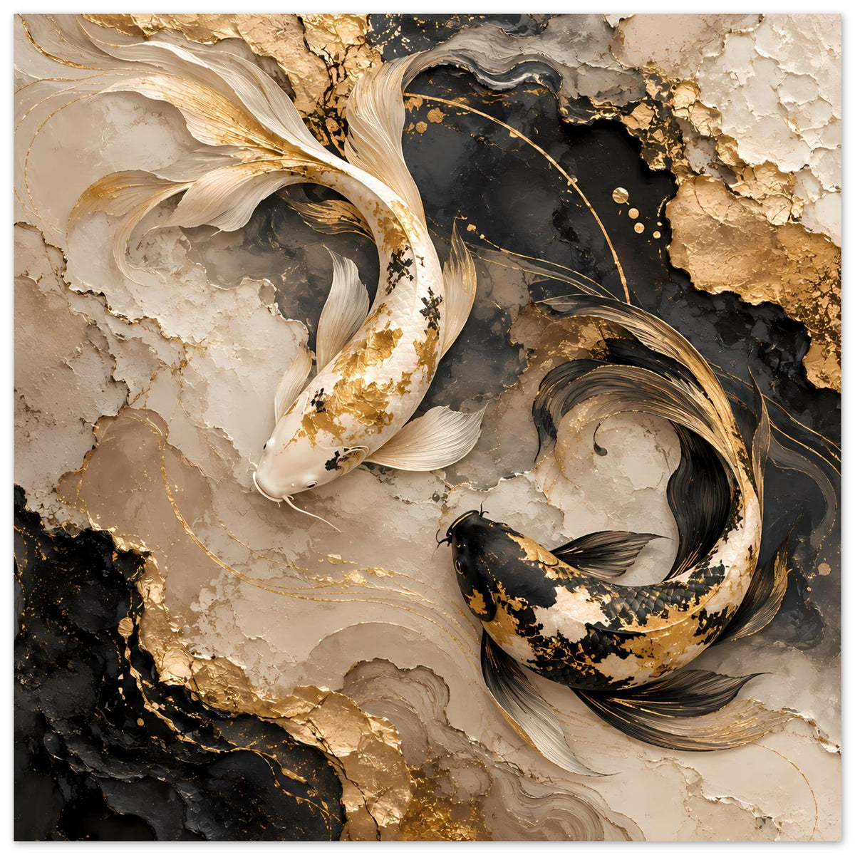 Kunstposter mit zwei Koi-Fischen in Gold und Schwarz, abstrakte Adern und Spritzer