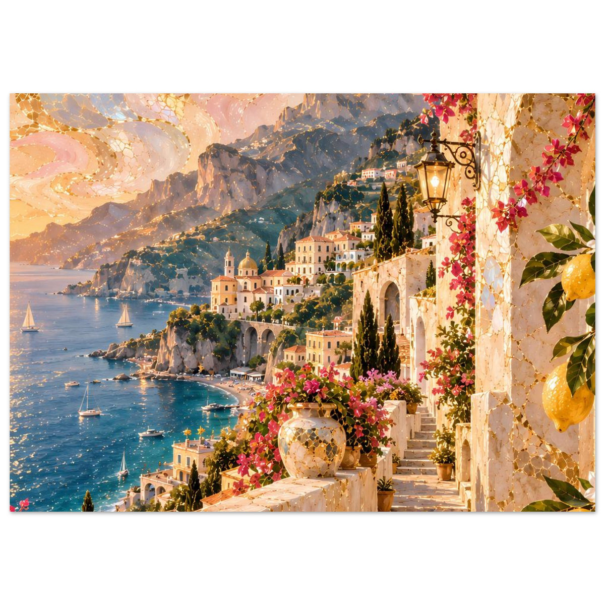 Küstenposter mit mediterranem Häuserhang, türkisfarbenem Wasser und gold-bunten Blumen an Laterne