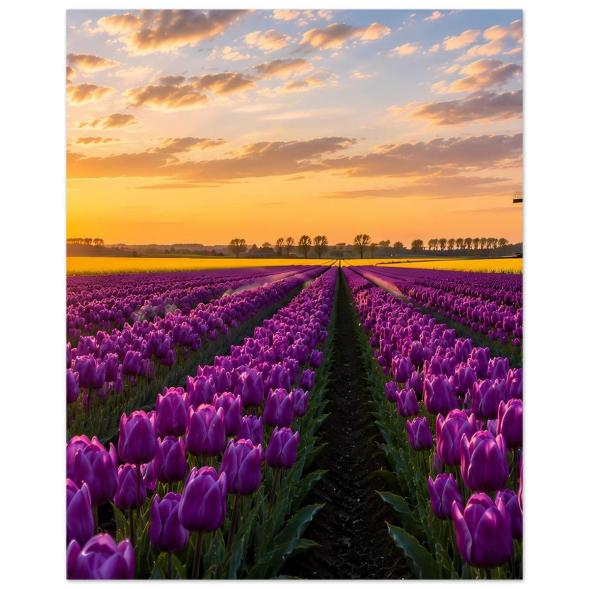 Poster mit Tulpenfeld in Violett, mittigem Weg und Windmühle rechts am Abendhimmel