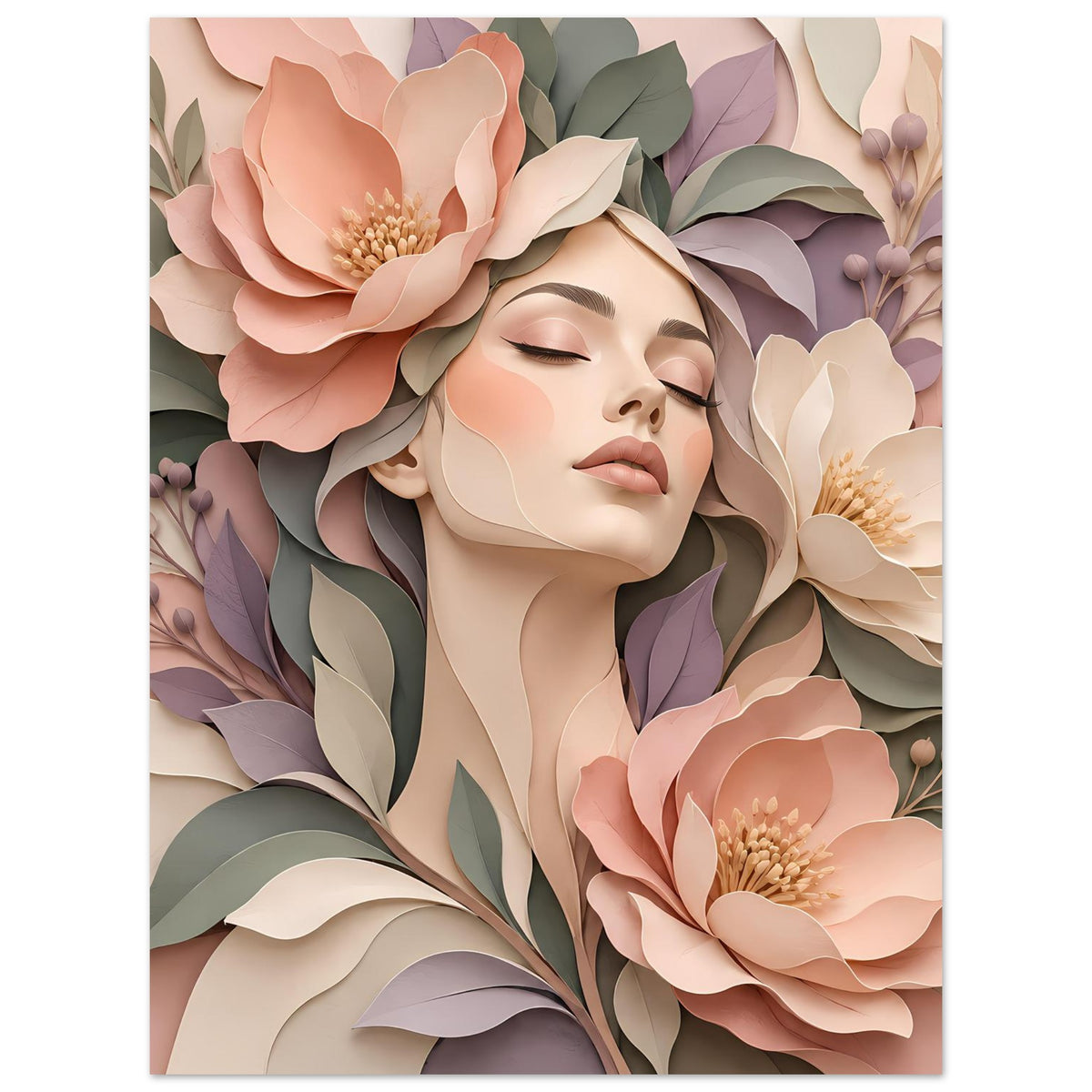 Florales Portrait-Poster mit Frauengesicht, Augen geschlossen, Pastellblüten, vertikal