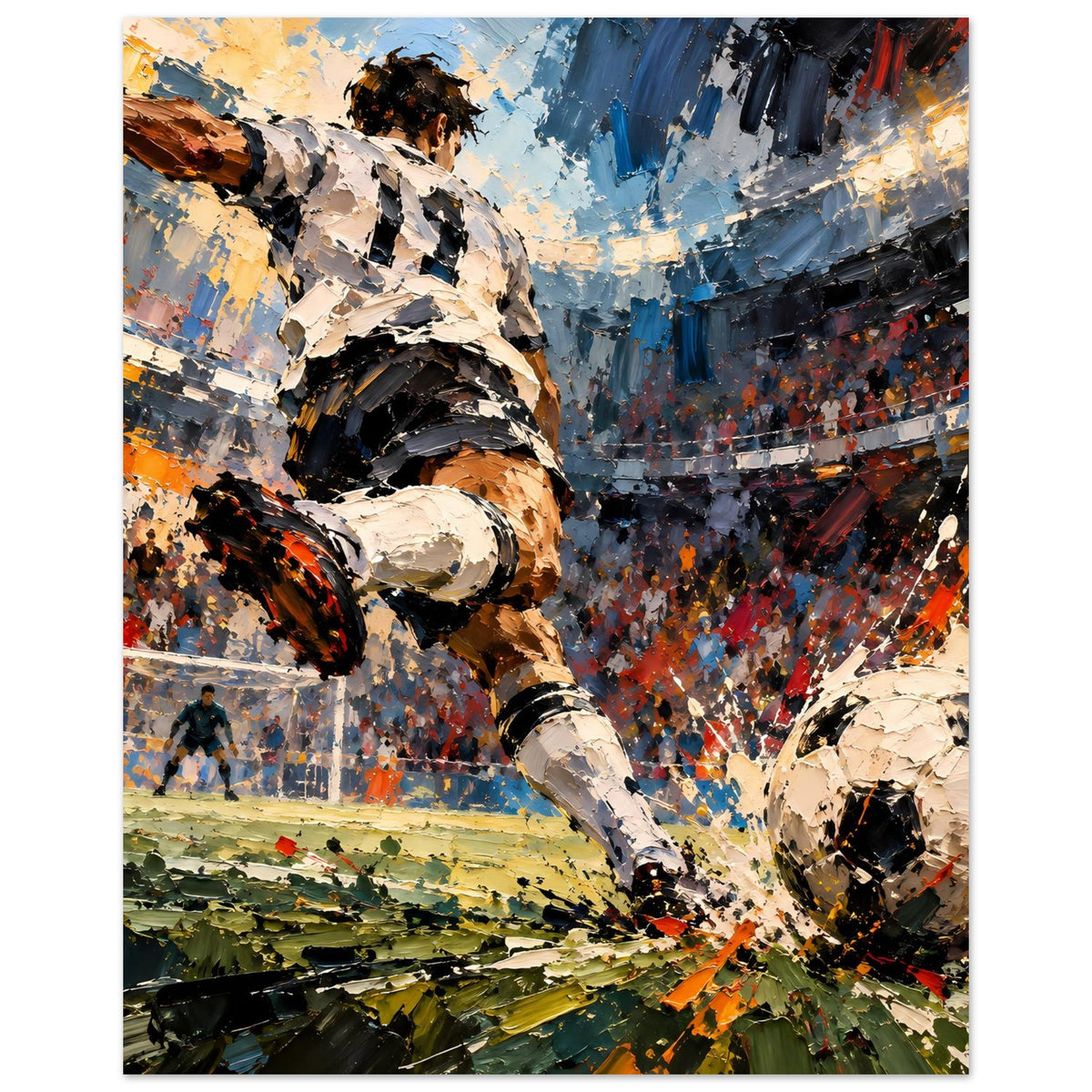 Fußball-Actionposter (hochkant): Stürmer-Schuss, Tor und Ball, Blau-Schwarz