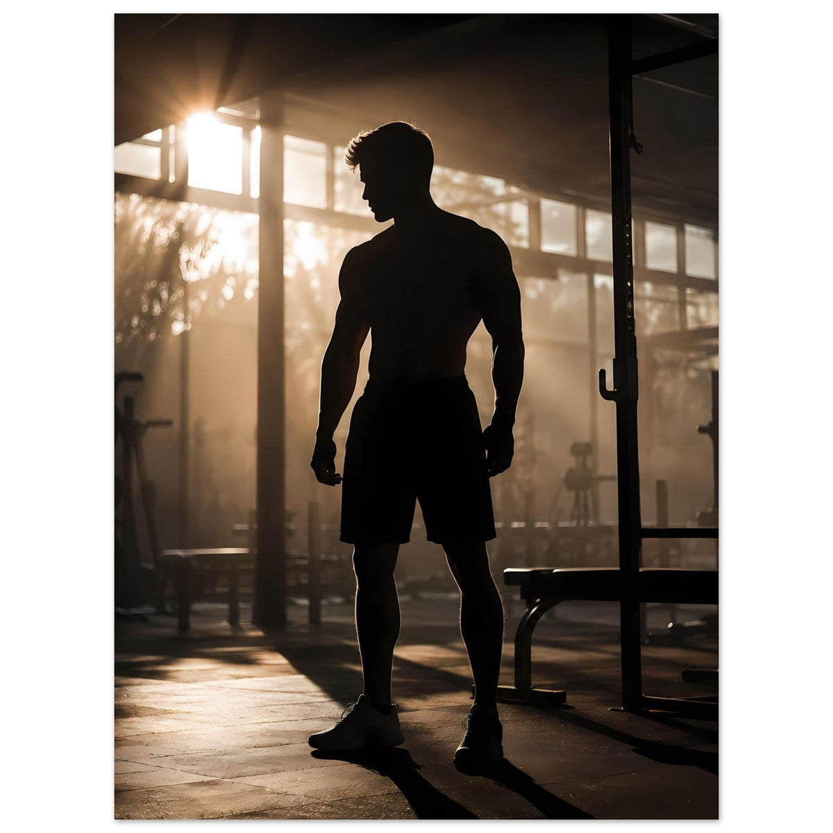 Fitness-Poster: Silhouette eines Sportlers, Ganzkörper mit Sportshorts und Oberteil