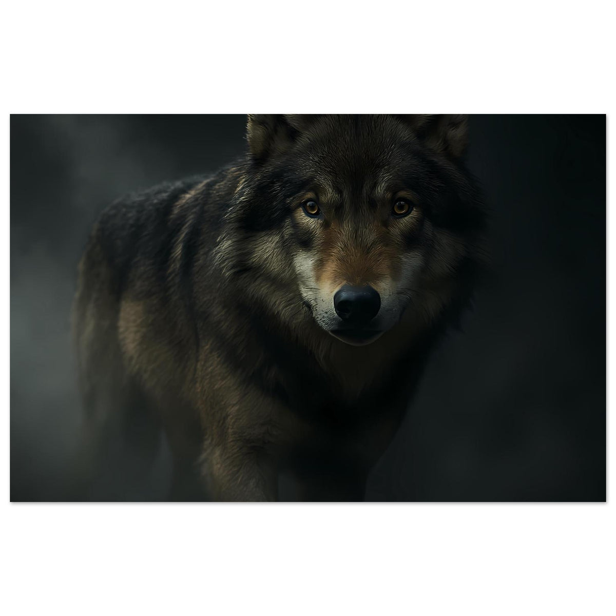Wolfsposter mit grauem Wolfskopf und Oberkörper, Blick nach vorn, horizontal