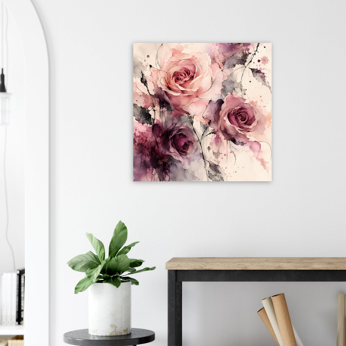 Aquarell-Rosenposter mit drei rosafarbenen Rosen, quadratisch