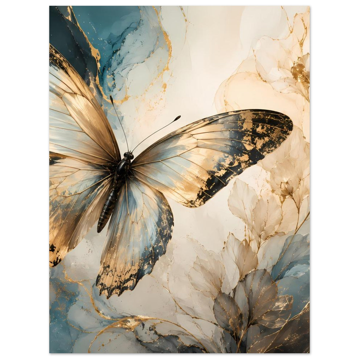 Schmetterlings-Poster mit gold-blauen Flügeln und beigen Blättern, senkrecht