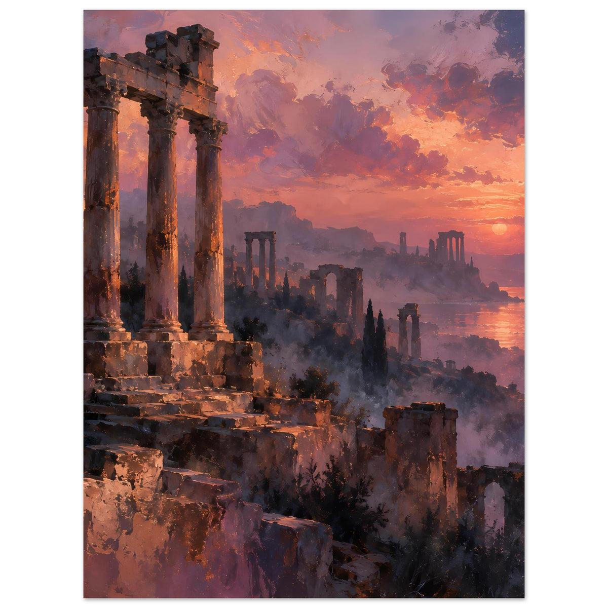 Vertikales Poster mit Ruinenlandschaft und Sonnenuntergang, orange-violett