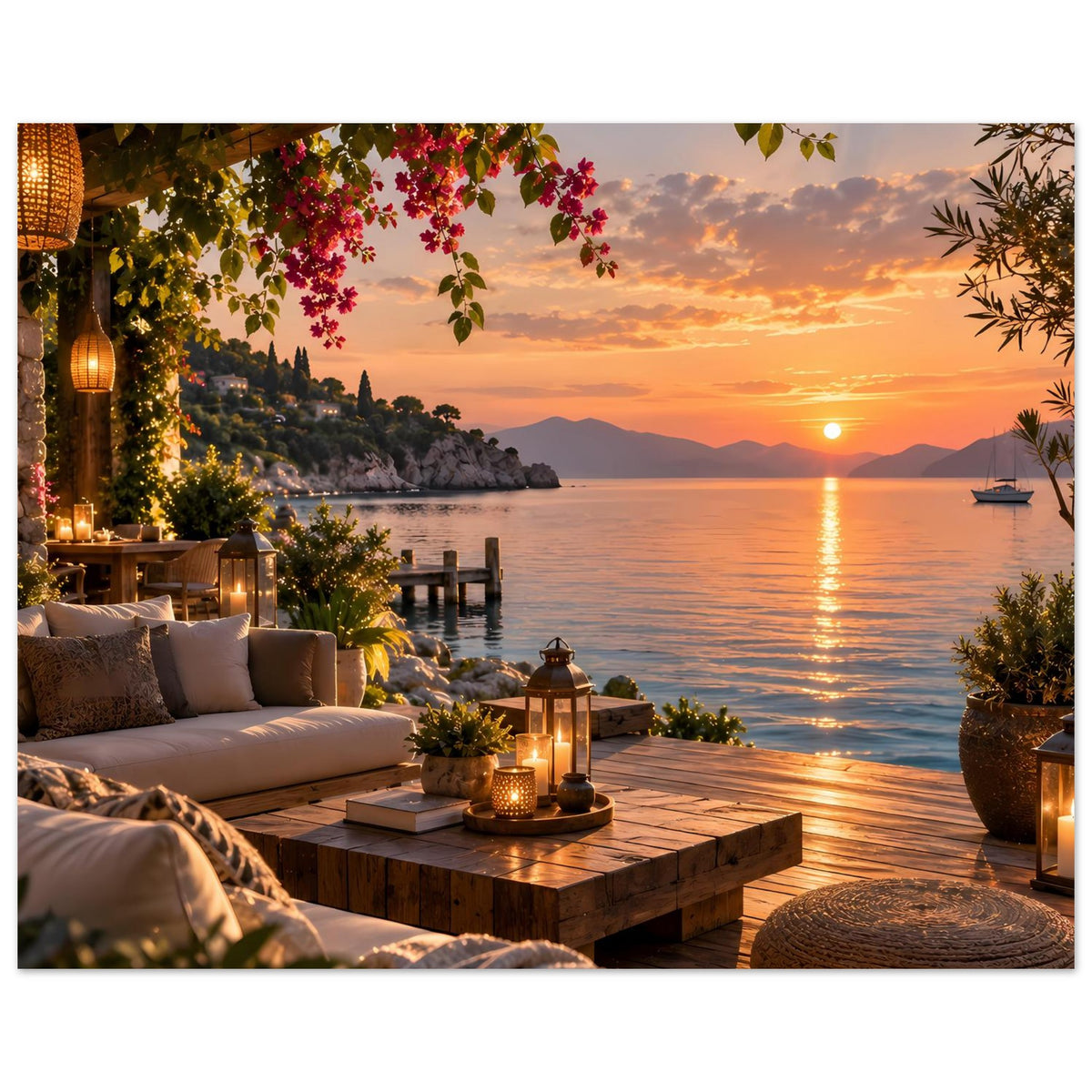 Poster mit Küstenterrasse: Sitzbereich mit Sofa, Holztisch, Laternen und Bougainvillea